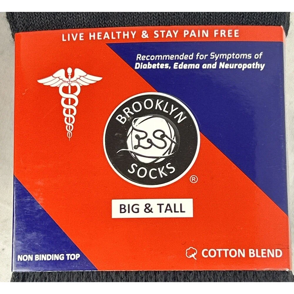 Brooklyn Socks Mens Big & Tall Diabetic Cotton Crew Neuropathy Black Lot/6 Pairs